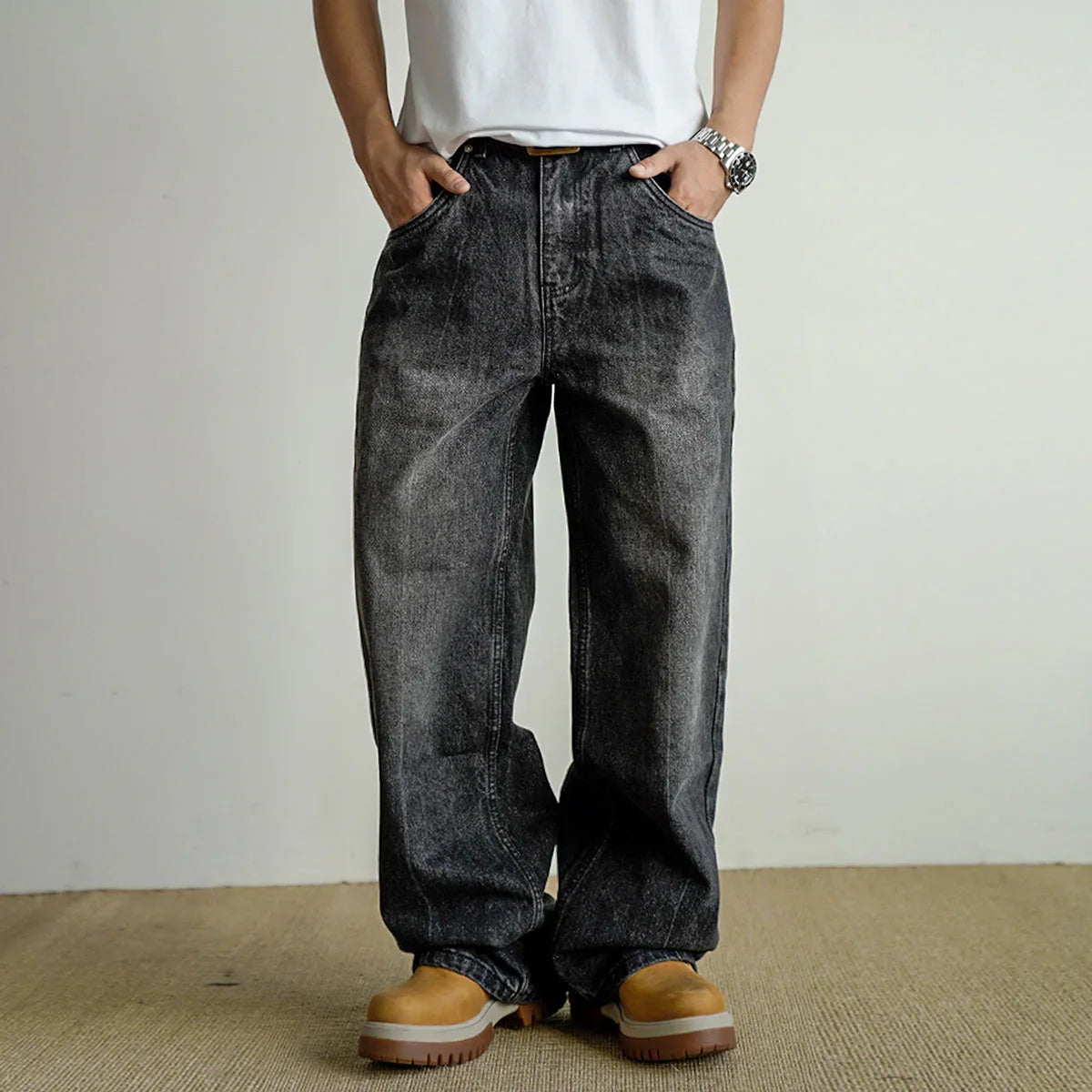 Loose Straight Washed Distressed Black Jeans - VAleG