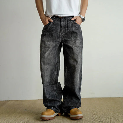 Loose Straight Washed Distressed Black Jeans - VAleG
