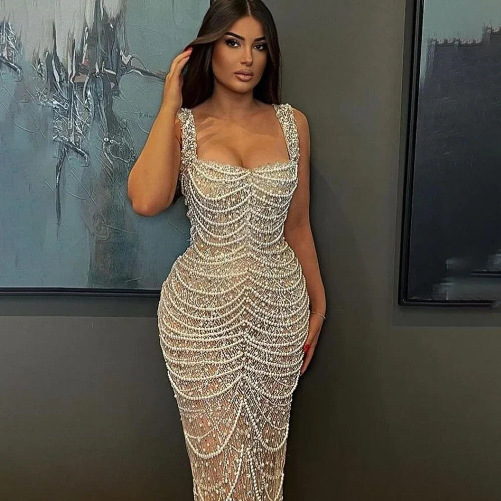 Nude Elegant Sling Light Luxury High-end Pearl Beaded Dress - VAleG