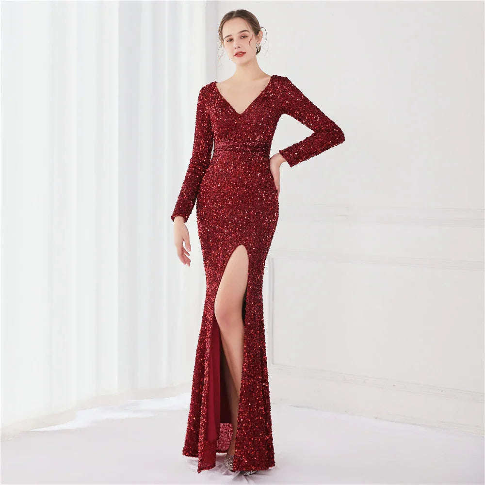 Long Sleeve Sequined Gas Field Queen Fishtail Evening Dress - VAleG