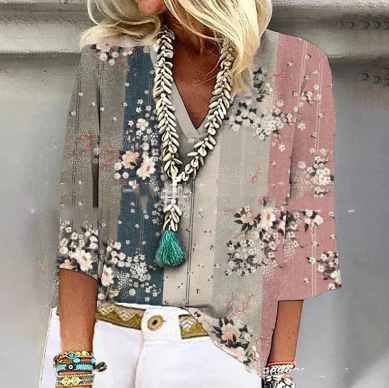 Ethnic Style V Neck Printed Women's Casual Shirt - VAleG