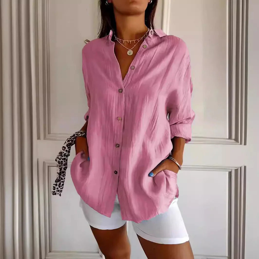 Lapel Long Sleeve Shirt Women's Single-breasted Pleated Shirt - VAleG