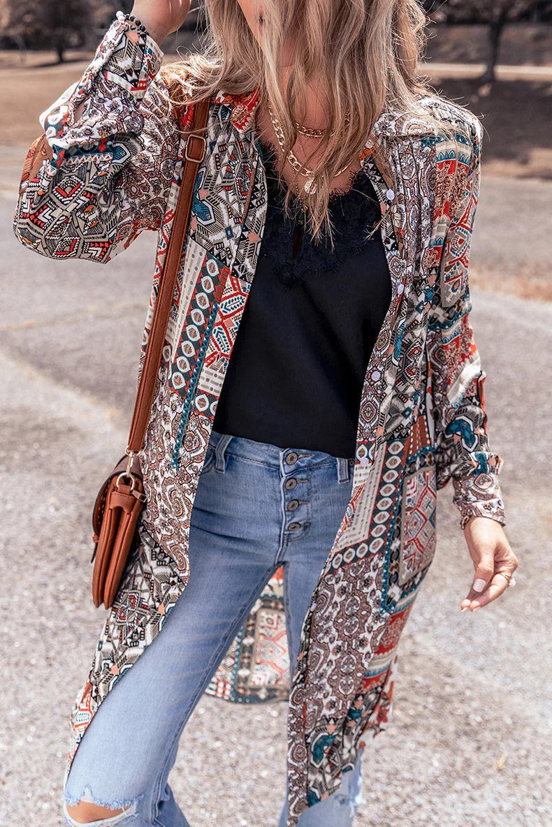 Printed Beach Cardigan Long Sleeve Top - VAleG
