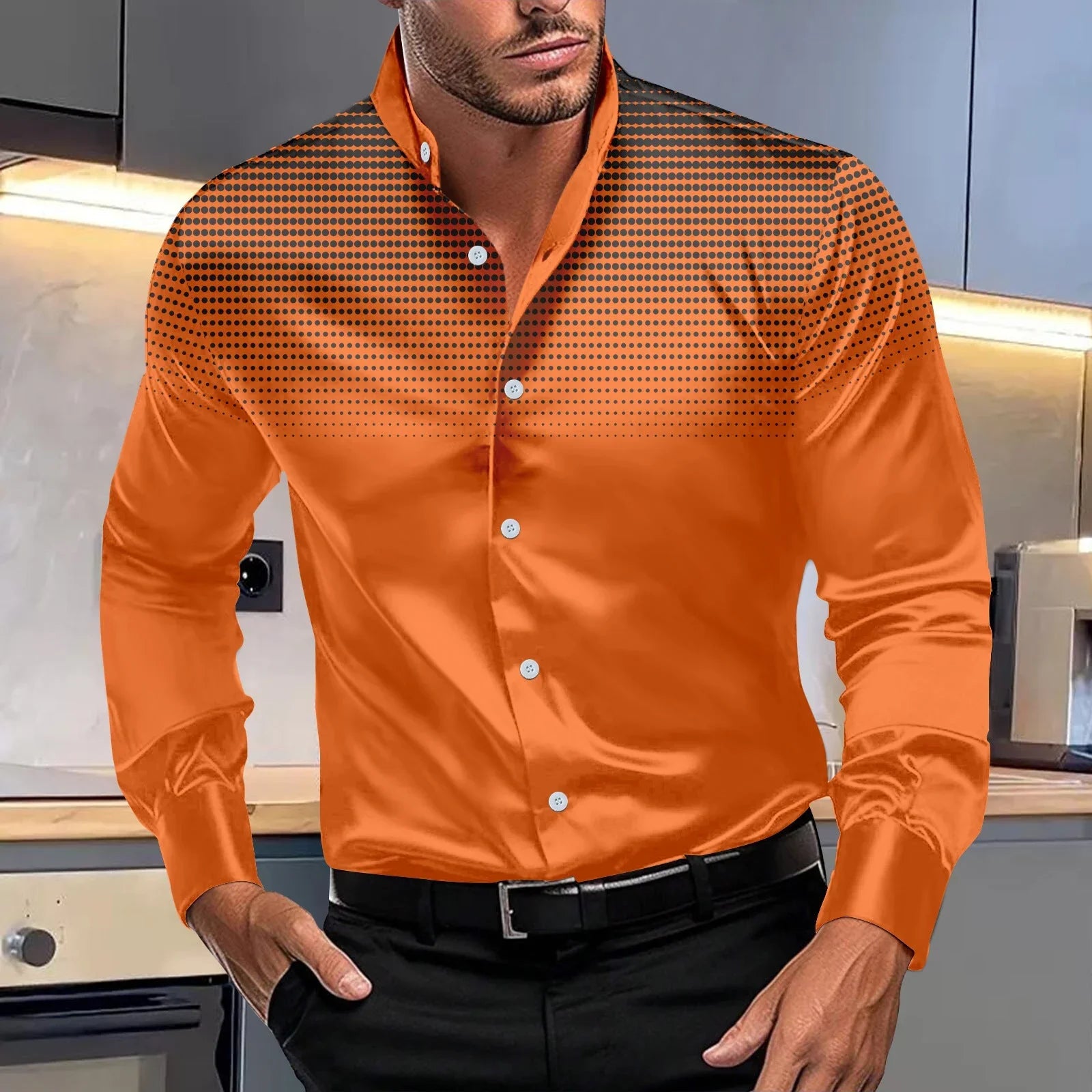Four-sided Stretch Dotted Prints Daily Casual Stand Collar Long-sleeved Shirt - VAleG