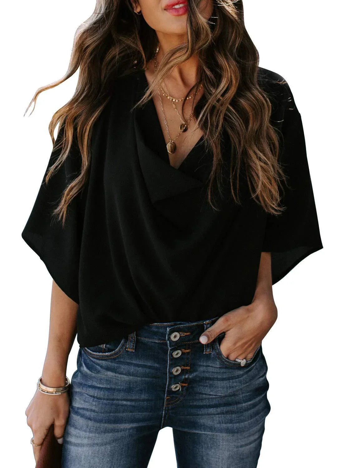Chiffon shirt loose v-neck top - VAleG