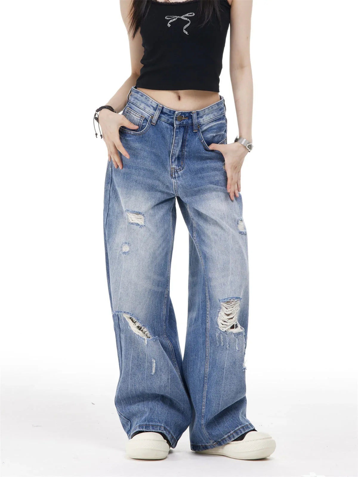 Women's Ripped Washed Blue Jeans - VAleG