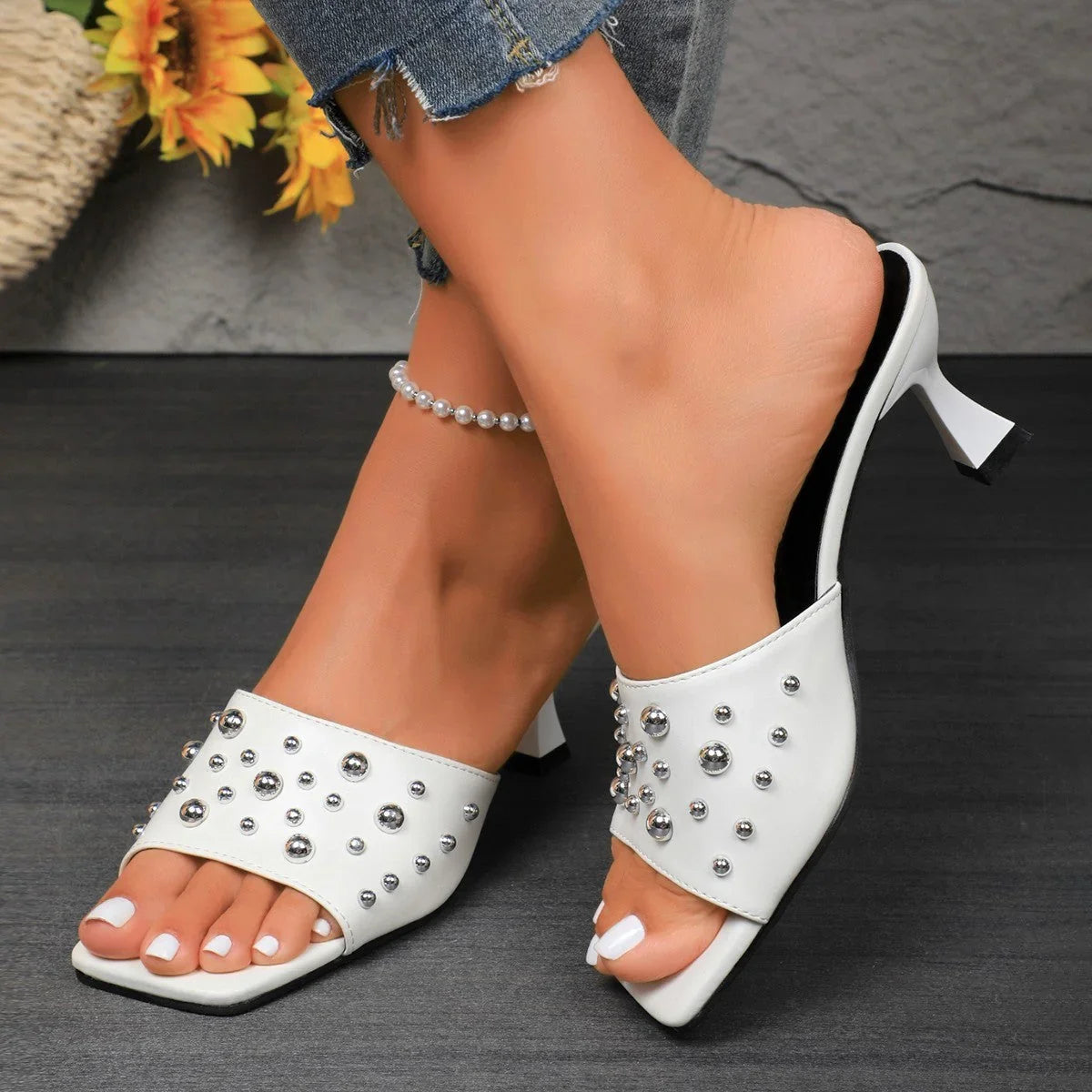 Slippers Plus Size Rivet Open Toe Stilettos - VAleG