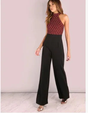 European and American women's sexy jumpsuit hanging neck sequins stitching trumpet jumpsuit trousers - VAleG