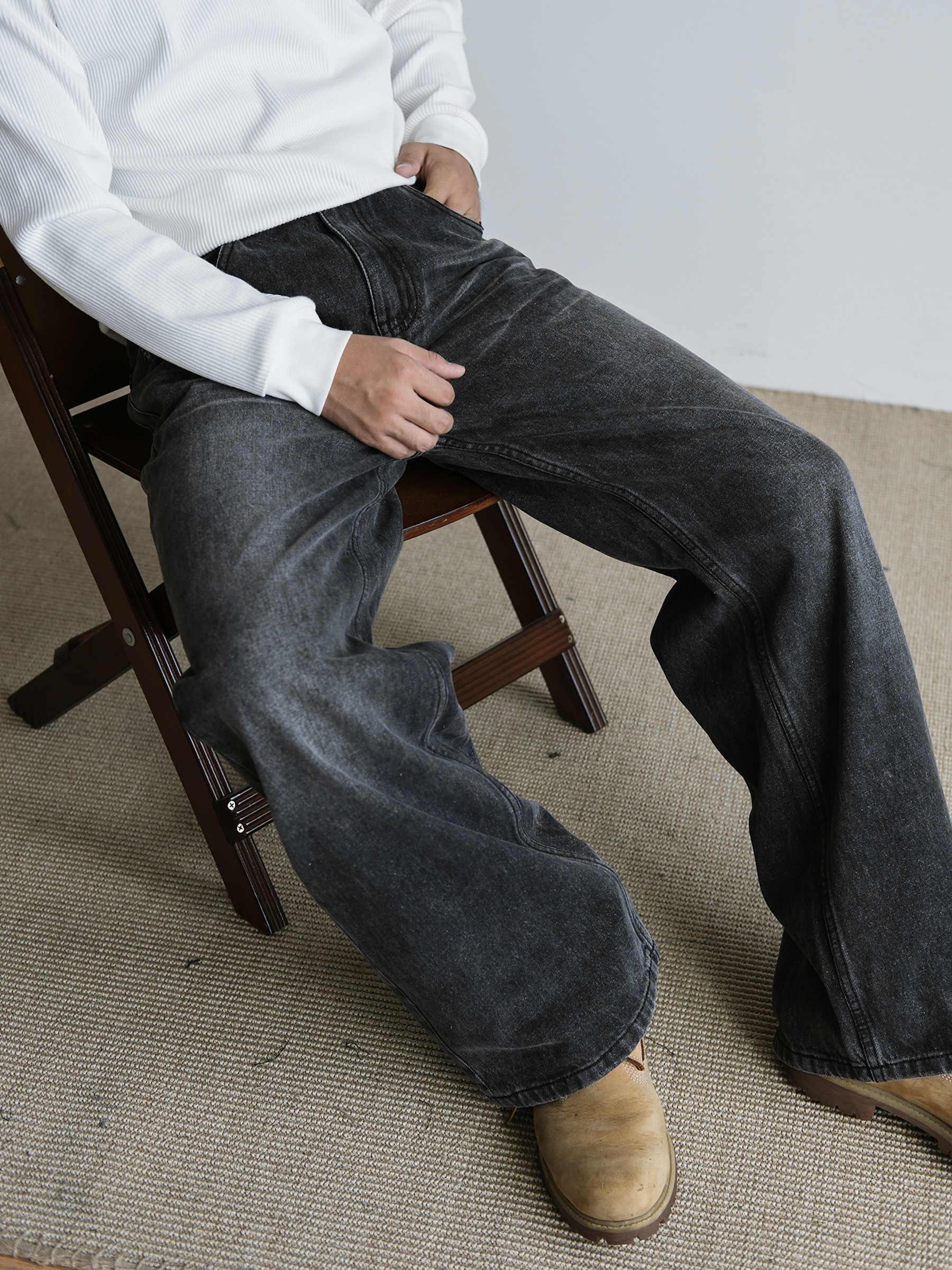 Men's Straight Retro Black Washed Jeans - VAleG