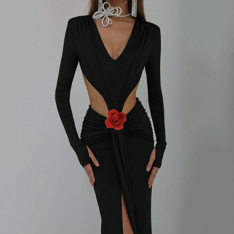 Sexy V-neck Backless Long Sleeves Skirt Waist Decorative Flower Split Fishtail Gown Dress Long - VAleG