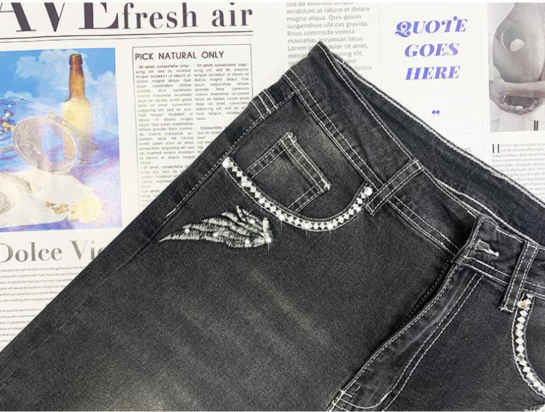 European And American Hot Pants New Retro Embroidered Skull Hot Rhinestone Elastic Slim Fit Slimming Skinny Denim Trousers - VAleG