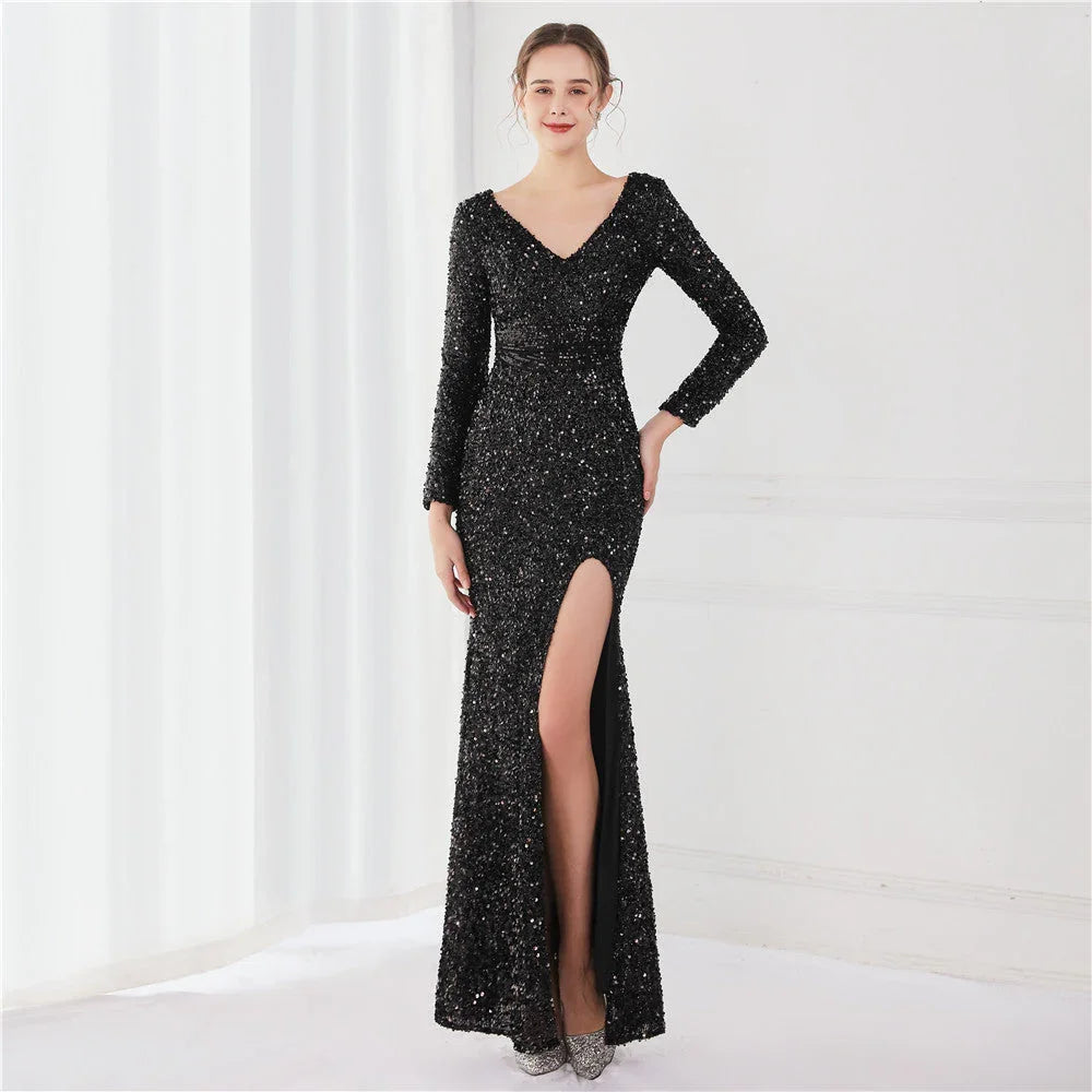 Long Sleeve Sequined Gas Field Queen Fishtail Evening Dress - VAleG