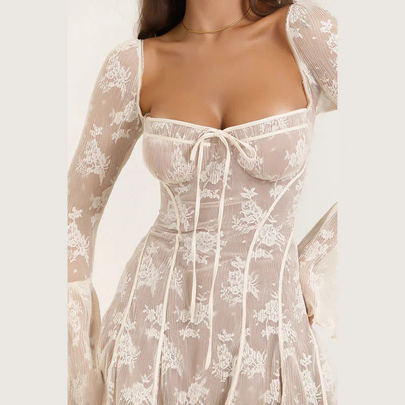 Lace Square Collar Dress Bell-bottom Long Sleeve Tied A- Line Dresses Womens Clothing - VAleG