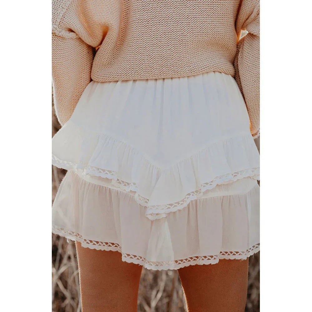 Tulle Chiffon Fake Two-layer Skirt Women Loose High Waist Solid Color Short Skirt - VAleG