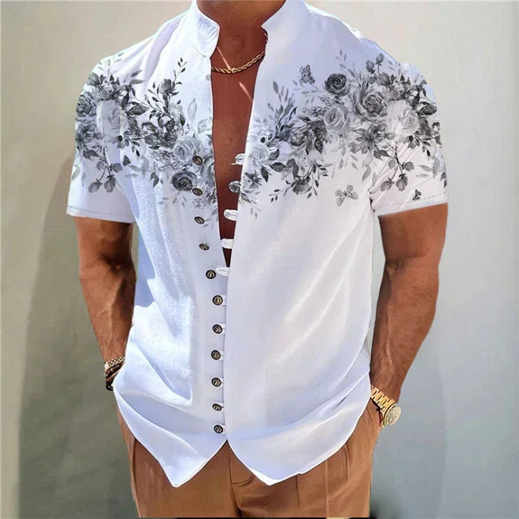 Men's Printed Stand Collar Short Sleeve Button Shirt - VAleG