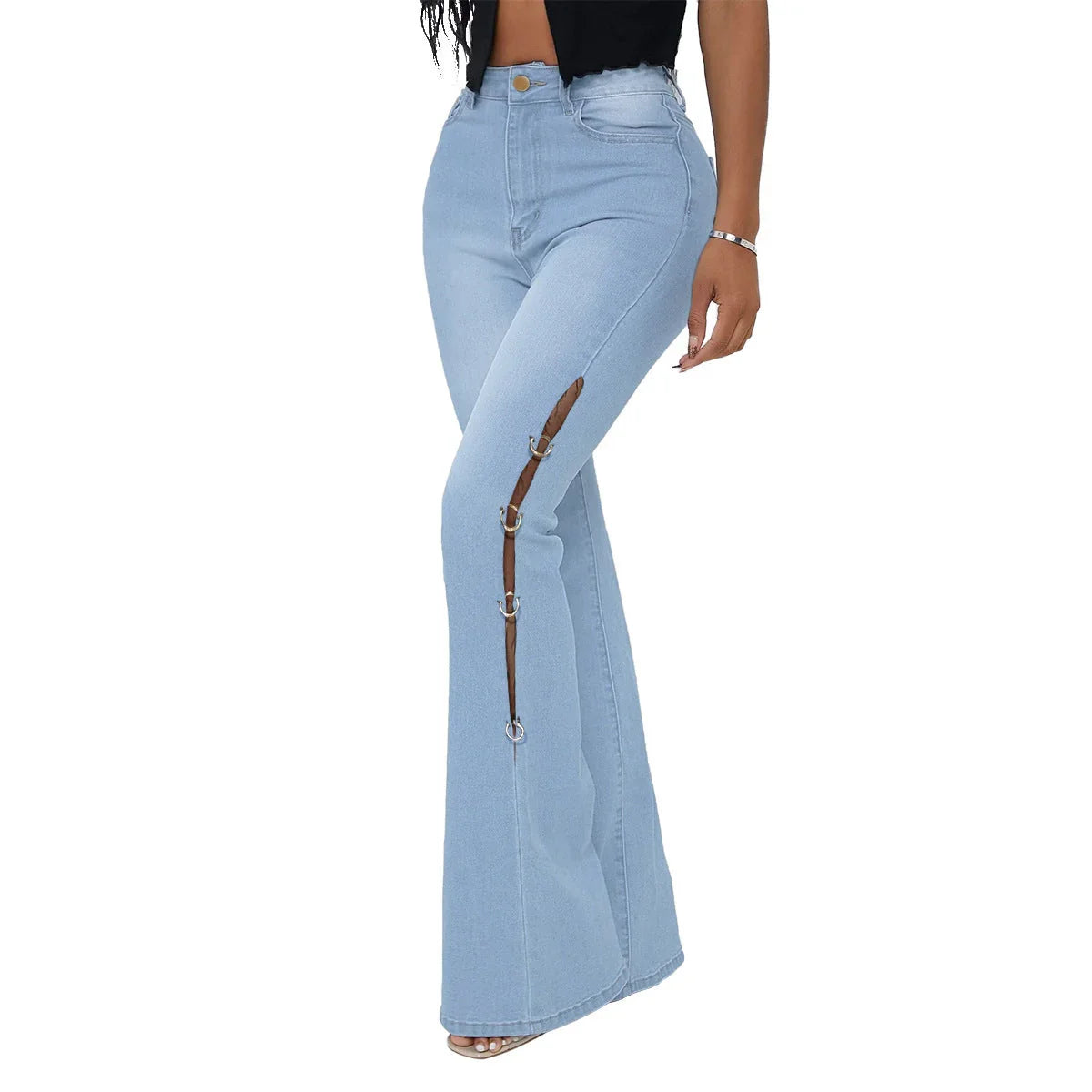 Denim Flared Pants With Metal Decoration - VAleG
