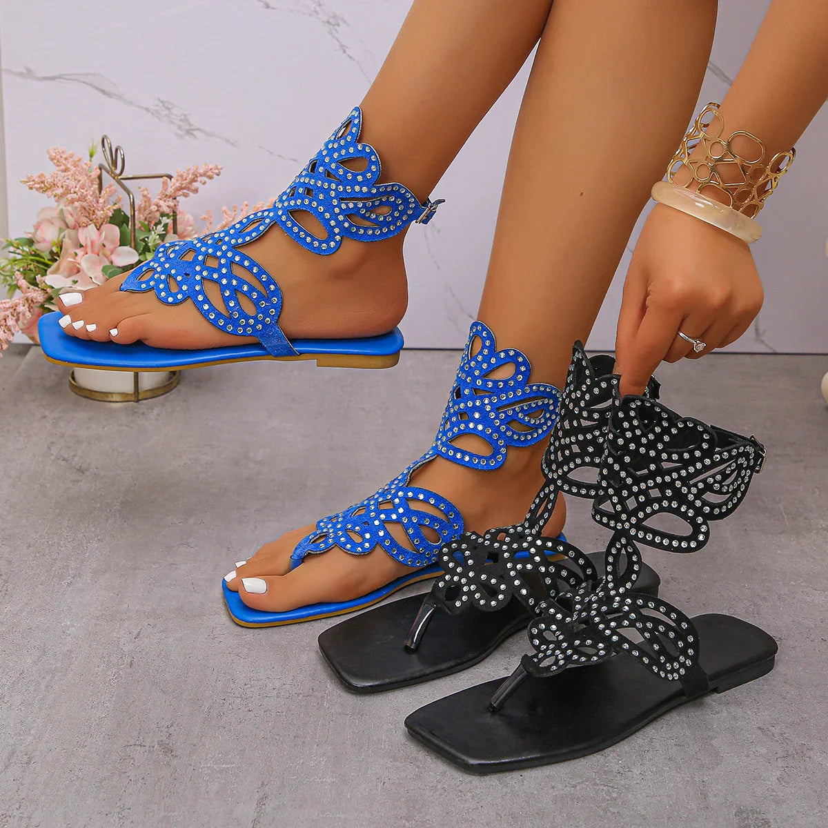 Summer Hollow Rhinestone Buckle Flat Toe Roman Sandals - VAleG