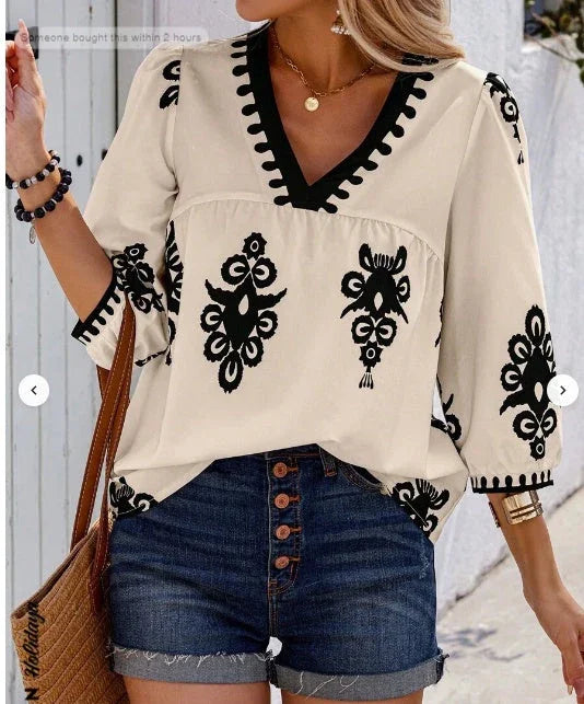 Holidaya Random Print V-Neck Casual Vacation Shirt For Women - VAleG