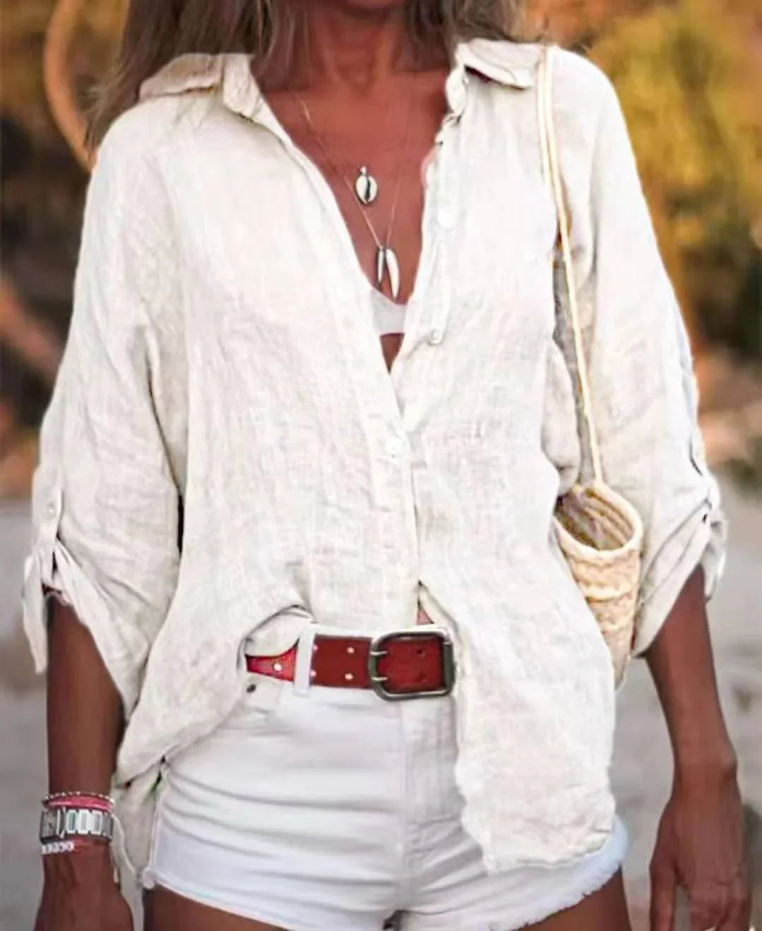 Cotton And Linen Solid Color Loose Type Sleeve Shirt - VAleG