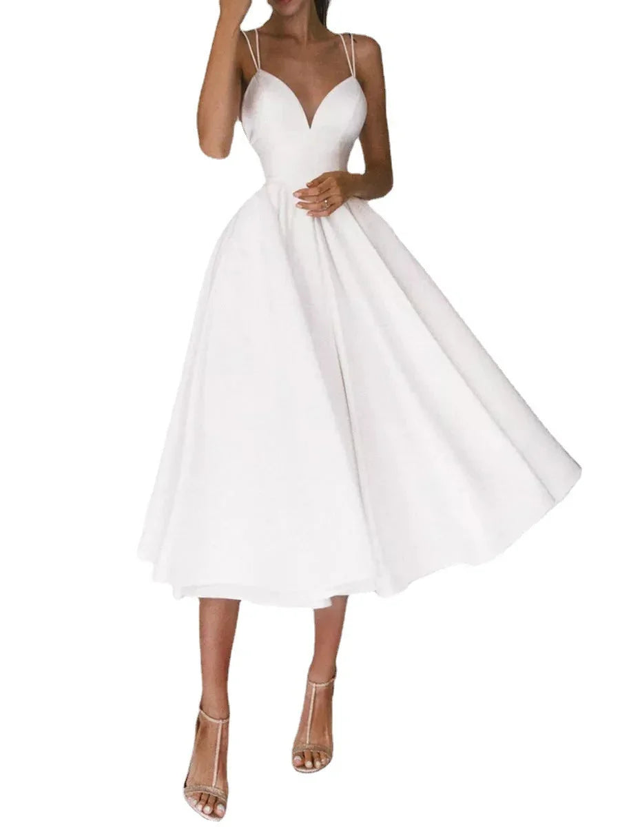 Women's Long Skirt V-neck Simple And Thin Suspender Dress - VAleG