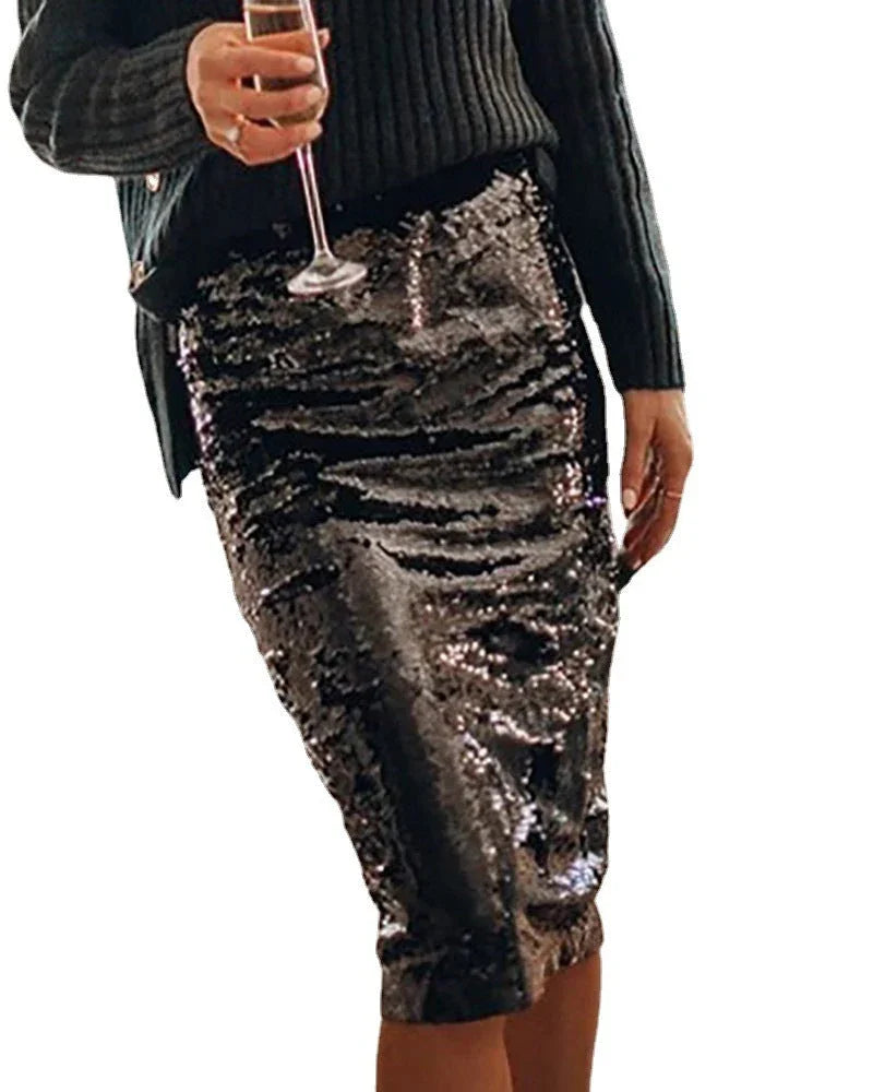 Sequined Glittering Bag Hip A Line Skirt - VAleG