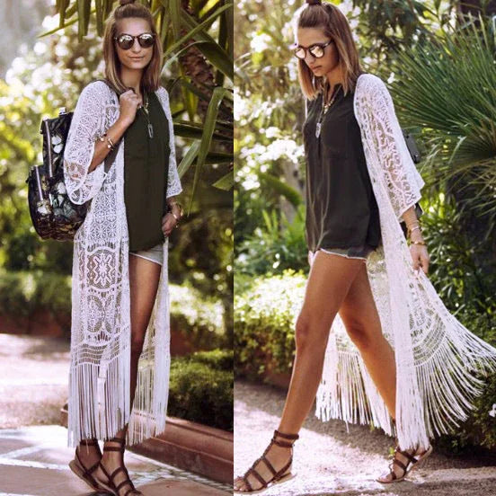 Lace Long Fringe Bikini Beach Blouse - VAleG
