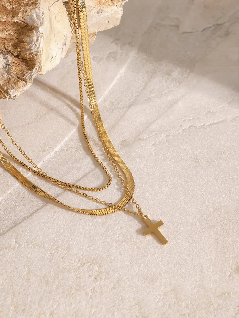 18K Gold-Plated Three-Layered Cross Necklace - VAleG