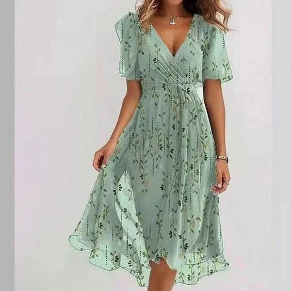 Chiffon Printed Short Sleeve Dress Summer Elegant V-neck Dresses Womens Clothing - VAleG