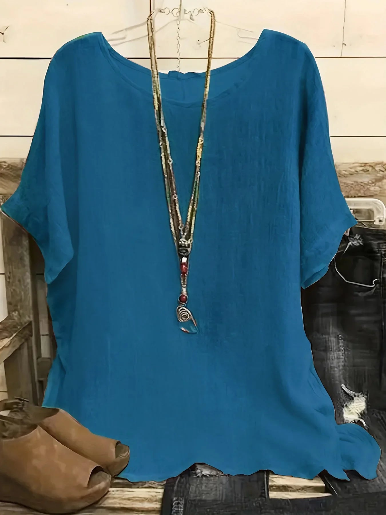 Women Fashion Casual Shirts Solid Color 3 4 Sleeve Round Neck Blouses Summer Loose Tops Streetwear - VAleG
