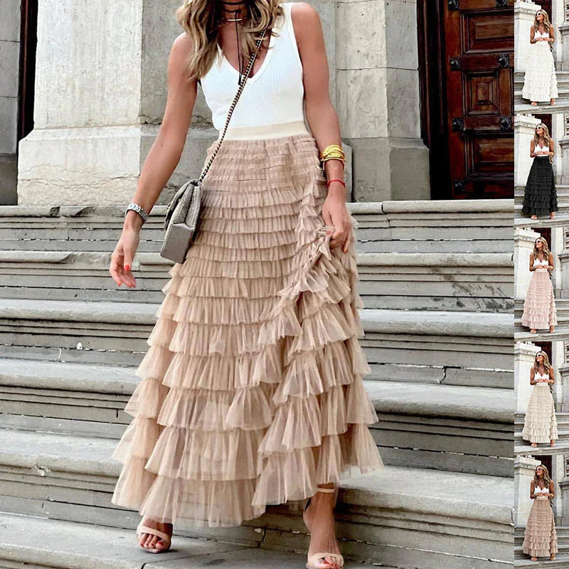 Layered Ruffles Cake Skirt Summer Fashion A Line Swing Mesh Long Skirt Party Dress Women - VAleG