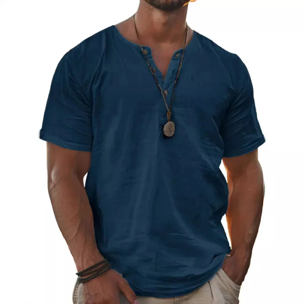 Men's Fashion Wear Men's Stand Collar Half Cardigan 4 Button Short Sleeve Shirt - VAleG