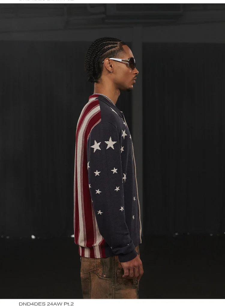 American Retro Flag XINGX Printed Striped Sweater Short Wide Long-sleeved Shirt - VAleG