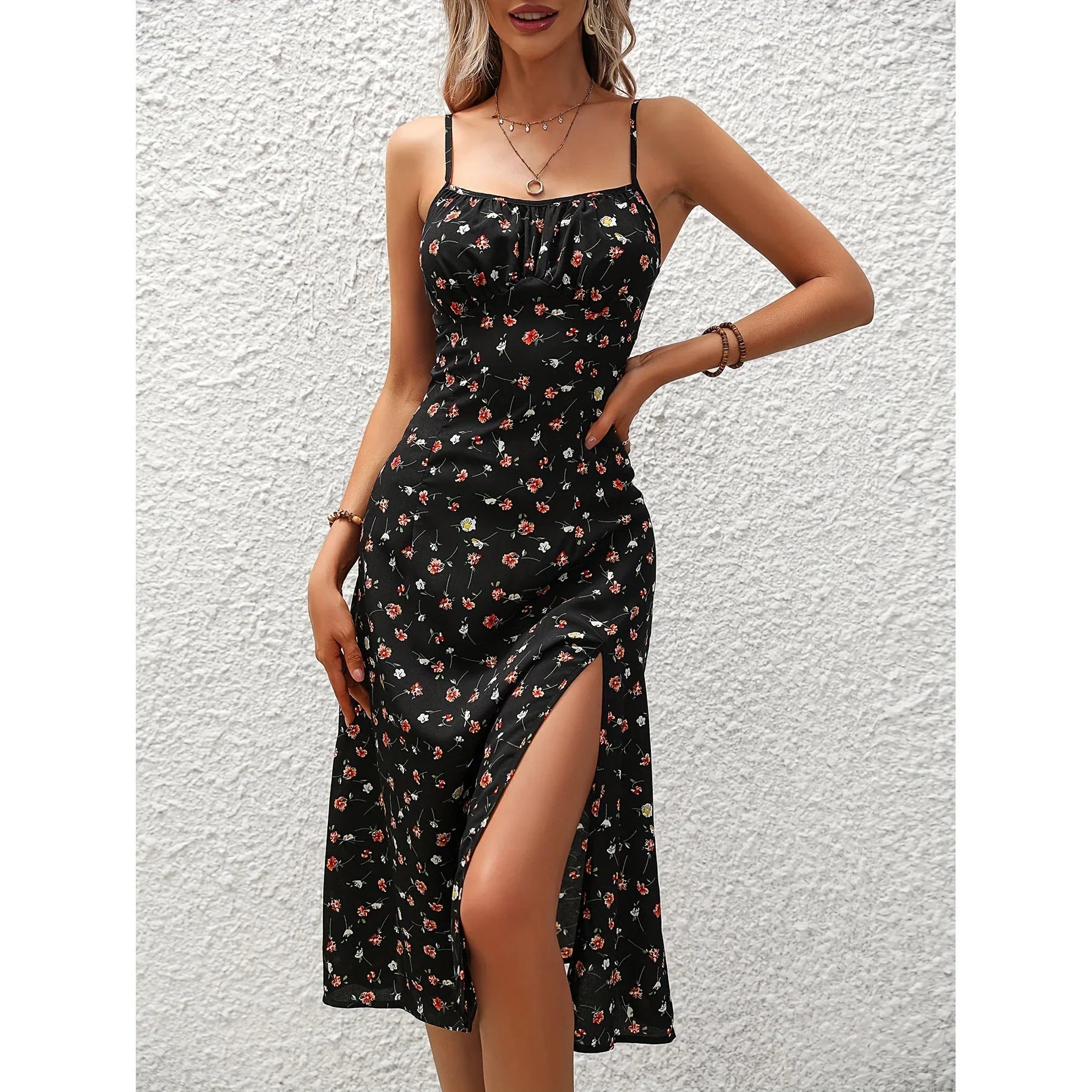 New Polka Dot Print Suspender Dress Summer Sexy Split Long Dresses For Womens Clothing - VAleG