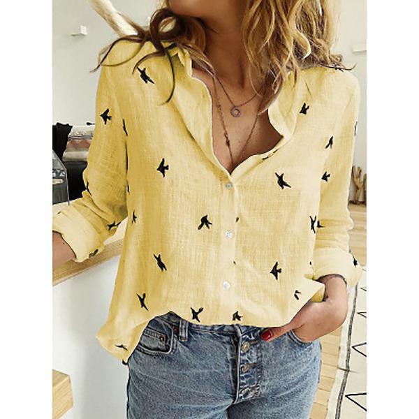 Spring And Autumn Print Casual Loose Long Sleeve Linen Shirt For Women - VAleG