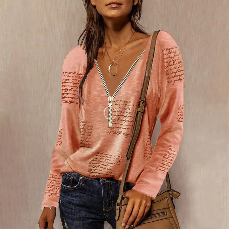 Top casual a maniche lunghe con stampa inglese e  cerniera VAleG