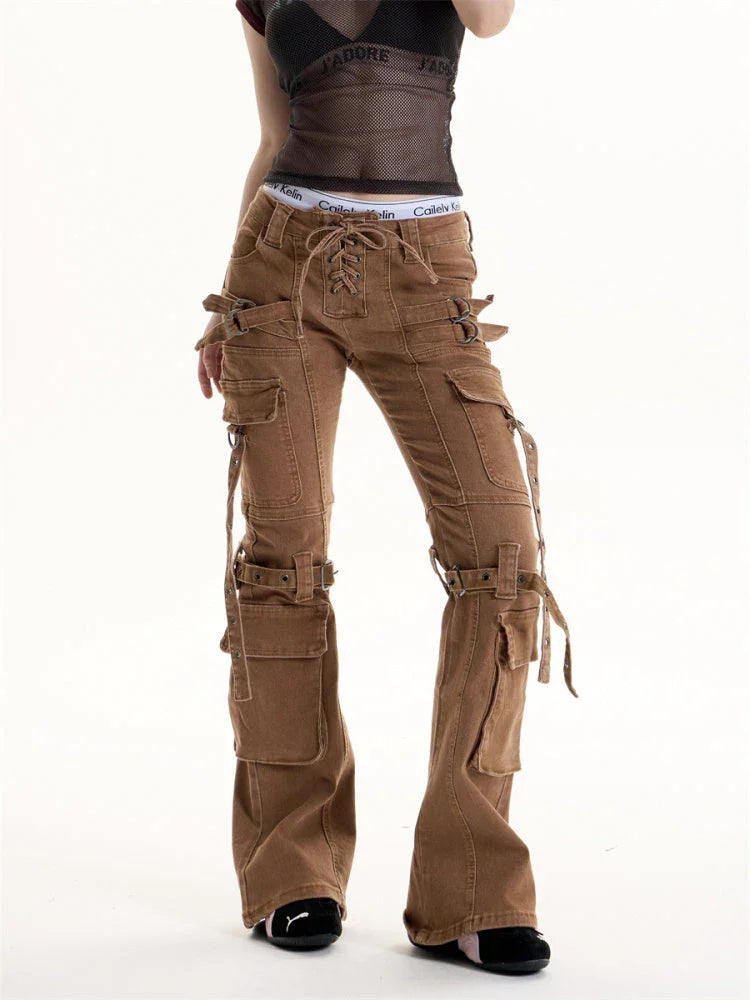 Retro Hot Girl Brown Cargo Jeans Women - VAleG