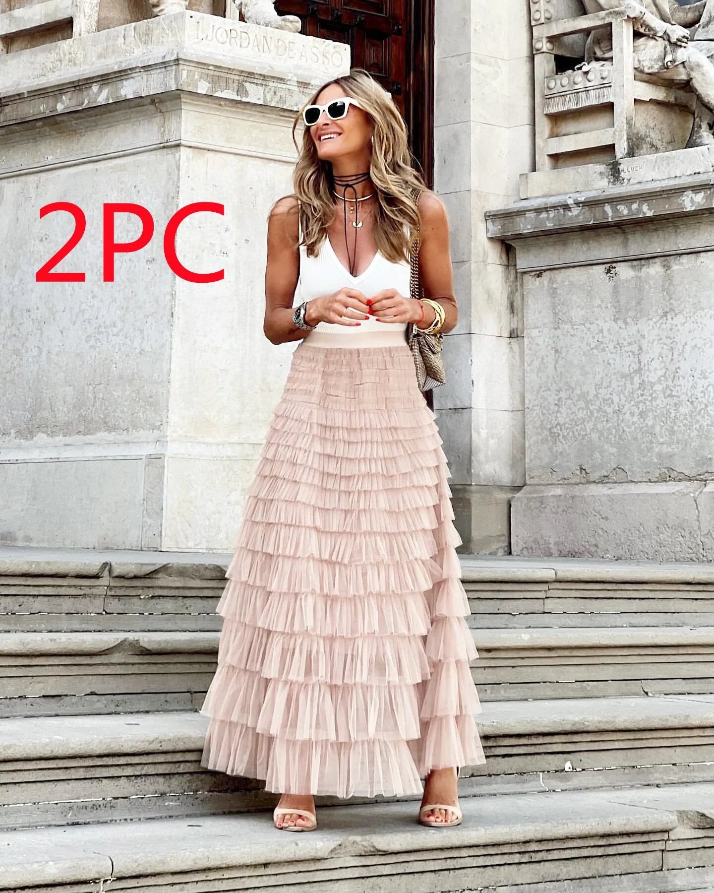 Layered Ruffles Cake Skirt Summer Fashion A Line Swing Mesh Long Skirt Party Dress Women - VAleG