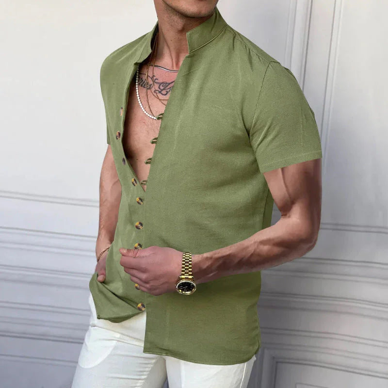 Linen Button Stand Collar Short Sleeve Shirt - VAleG