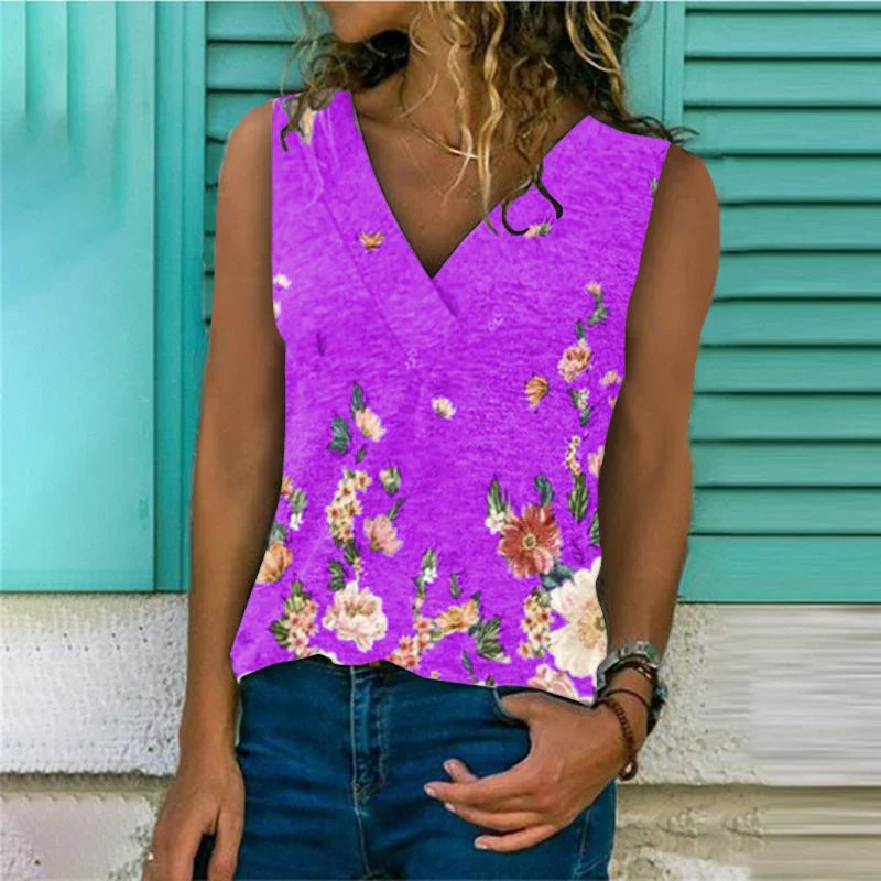 Trendy Vest Amazon Explosive Base Shirt V-neck Loose Printed Top Vest - VAleG