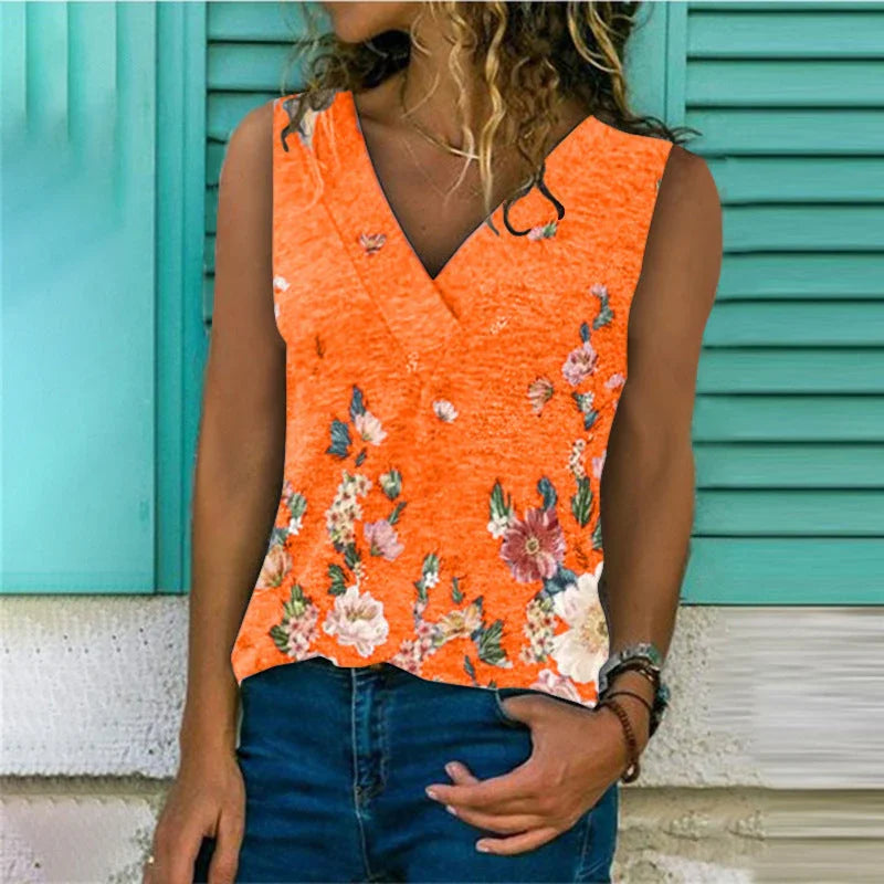 Trendy Vest Amazon Explosive Base Shirt V-neck Loose Printed Top Vest - VAleG