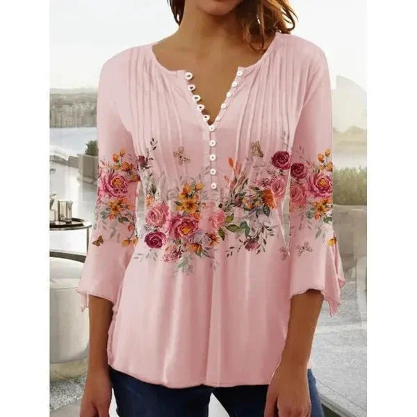Women's Floral Printed V-neck Short Sleeve Button T-shirt - VAleG