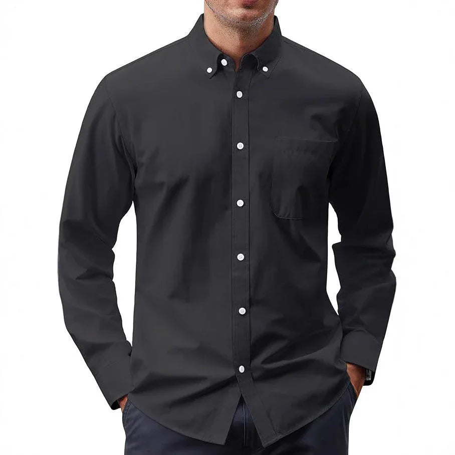 Solid Color Oxford Long Sleeve Button Shirt - VAleG