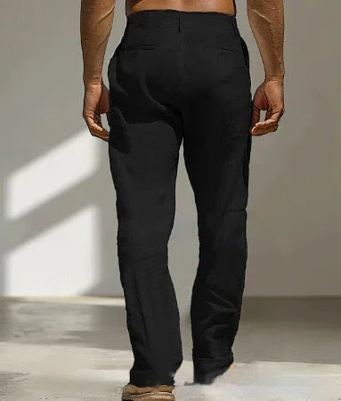 Men's Linen Double Pleated Front Pocket Solid Color Fashion Casual Straight Trousers - VAleG