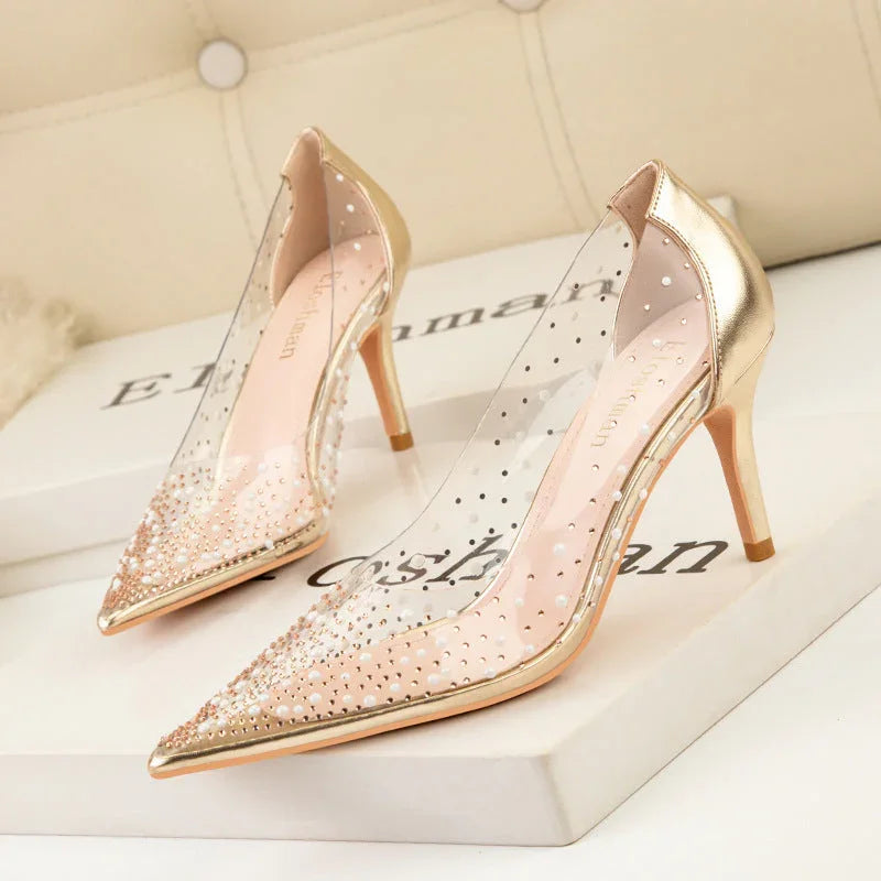 Transparent Cutout Pearl Shining Rhinestone Women's Shoes - VAleG