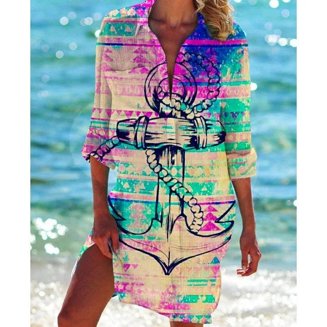 Women's Vacation Beach Bikini Jacket Printed Shirt - VAleG