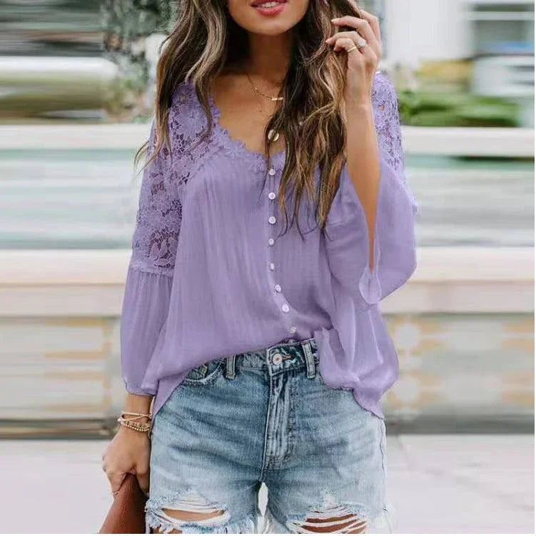 Womens Solid Color V Stitching Breasted Flared Sleeve Top - VAleG