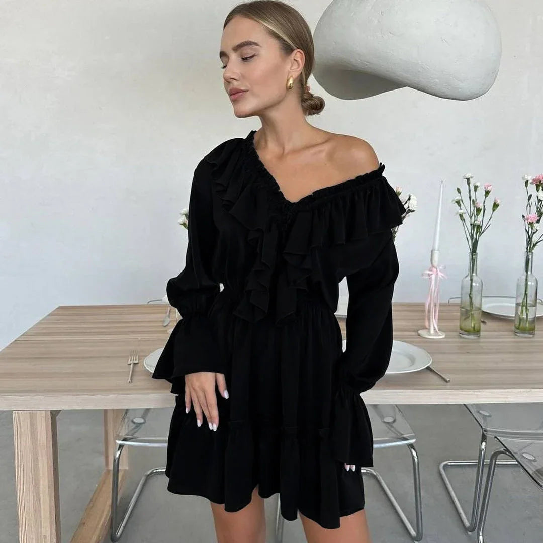 Fashion V Neck Pleated Ruffle Long Sleeve Dress Y2K V Neck Flared Sleeve Short Dress Women's Clothing - VAleG