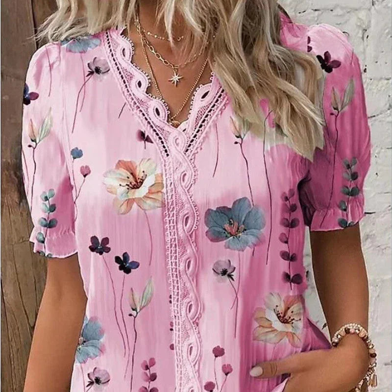 V-neck Holiday Fashion Floral Short Sleeve - VAleG
