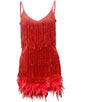 Sexy Tassel Sequins Feather Summer Mini Dress Women V Neck Spaghetti Strap Stitching Dresses Female Elegant Evening Party Club Dress - VAleG