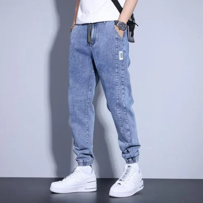 Youth Casual Harem Drawstring Elastic Elastic Beam Foot Type Men's Jeans - VAleG